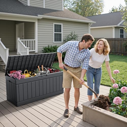 Flamaker Outdoor Storage Box 80 Gallon Resin Waterproof Deck Box | Delivery Box with Wood Texture Large Storage Bin for Patio Cushions, Garden Tools, Pool Gears