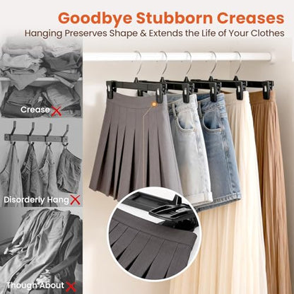 HOUSE DAY Black Pants Hangers with Clips 30 Pack, 12 Inch Skirt Hangers | Non-slip clips hold trousers, skirts, shorts and jeans; 360° swivel hook allows easy access for everyday adult wardrobes