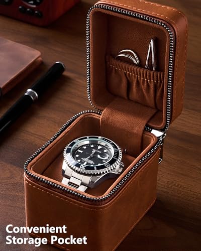 ProCase Single Watch Travel Case for Men, Portable Watch Holder -Brown | PU Leather, Compact Small Travel Carrying Box, Storage Case for Luxury Watches & Smartwatches with Jewelry Compartment