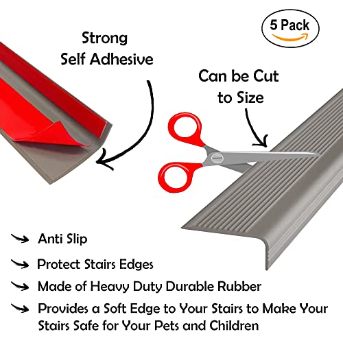 Rubber Bond Stair Edge Protector (Pack of 5) 36x2x1 inch Anti-Slip Stair Corner Trim Rubber Strips - Waterproof Self-Adhesive Staircases for Outdoor & Indoor Uses | Protect Kids & Pets - Grey