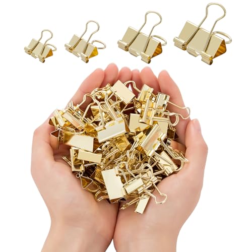 Binder Clip Paper Clamps, Assorted Sizes (Mini, Small, Medium, Large), 100 Pcs Clips for Office School Supplies (Gold)