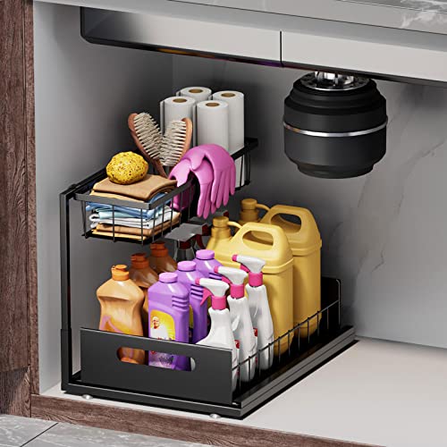 Slide Out Under Sink Organizers and Storage, Black, 1 Pack | 2 Tier, Sturdy Metal, Cabinet Organizer, for Kitchen Bathroom