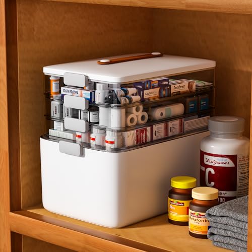 4- Tier Medicine Storage Box Organizer Portable First Aid kit Box Sewing, Art, Craft with Handle, Multipurpose Medical Supply Organizer with Removable Tray