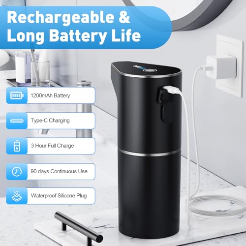 Automatic Liquid Soap Dispenser, 3 Levels for Kitchen and Bath | For Hand and Dish Soap, Responsive Sensor, Type-C Charging, 90-day Use, Wall Mountable, IPX5 Waterproof, 350ML, Black Gel