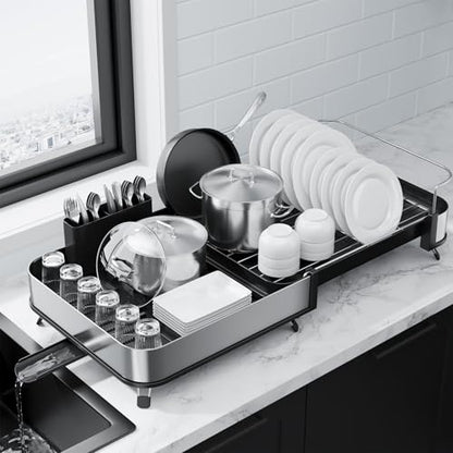 Kitsure Expandable Metal Dish Drying Rack, 16.1-26.6" L x 12.6" W, Black | Dish Racks for Kitchen Counter, Auto-Drain Drying Rack for Kitchen, Cutlery Holder, Non-Slip Feet, Anti-fall Fence