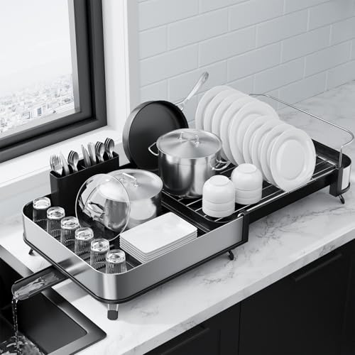 Kitsure Expandable Metal Dish Drying Rack, 16.1-26.6" L x 12.6" W, Black | Dish Racks for Kitchen Counter, Auto-Drain Drying Rack for Kitchen, Cutlery Holder, Non-Slip Feet, Anti-fall Fence