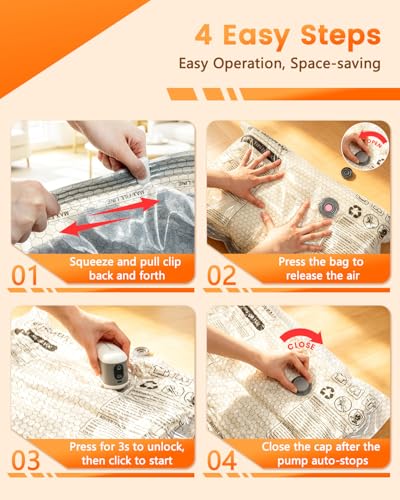 15 Pack Vacuum Seal Bags for Clothing Travel with -60KPa Rechargeable Wireless Pump, Space Saver Compression Vacuum Storage Bags in Multiple Carry-On Sizes for Luggage, Suitcase and Seasonal Storage