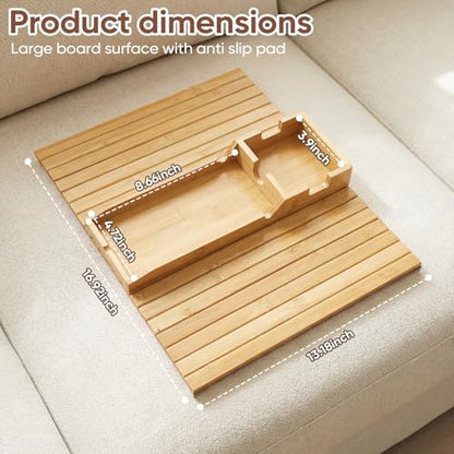 Bamboo Couch Arm Tray Table with Built-in Cup Holder, Foldable Anti-Slip Sofa Armrest Table for Drinks, Phone & Remote, Fits 4.7–16.9 in Armrests, Holds Cups up to 3.5 in Diameter (Bamboo)