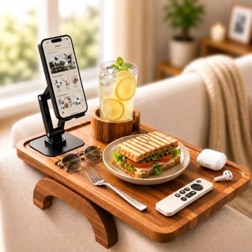 Couch Armrest Table with Cup Holder (15.31" x 9.65") - Acacia Sofa Arm Tray Organizer with Magnetic & 360° Rotating Phone Holder - Fits Couch Arm for Drinks, Snacks & Remote Control