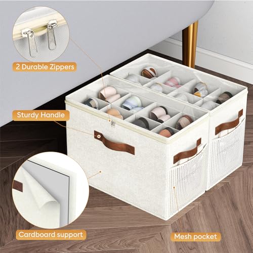 2 Pack Shoe Organizer for Closet, Foldable Shoe Storage with Adjustable | Farbic shoe storage organizer box bin with clear cover, fits up to 16 pairs, shoe storage box for closet, entryway, beige