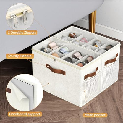 2 Pack Shoe Organizer for Closet, Foldable Shoe Storage with Adjustable | Farbic shoe storage organizer box bin with clear cover, fits up to 16 pairs, shoe storage box for closet, entryway, beige