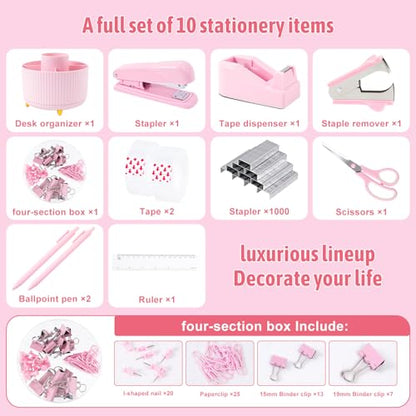 Gawsey Pink Desk Organizers and Accessories with Desk Organizer 360° Rotating Pen Holder and Office Supplies, Cute Stationery Supplies Set