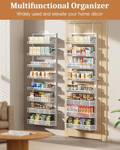 Over the Door Pantry Organizer 8-Tier, Large Metal Door Spice Rack with Adjustable Basket, 2 in 1 Wall Mount or Hanging Heavy-Duty Pantry Door Storage Shelf for Kitchen and Bathroom, White