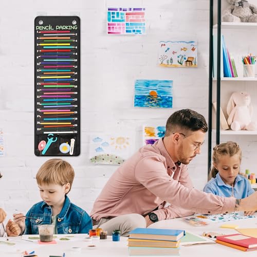 32-Pocket Pencil Parking for Classroom, Hanging Pencil Holder Wall Organizer | Numbered Portable Pencil Parking Pocket Chart, Pencil Holder for Classroom Organization, School Storage Supplies (Black)