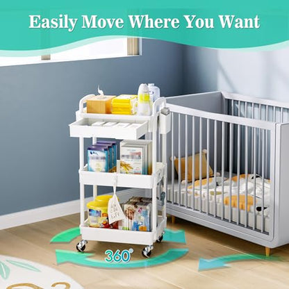 SUNALLY 3 Tier Rolling Cart with Drawer, Craft Storage Cart Organizer,White | Bathroom Storage Organizer with 2 Lockable Wheels, Rolling Utility Cart for Kitchen, Office, Baby, Makeup, Nail,Snack,Laundry