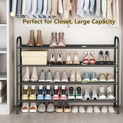 LINZINAR 4 Tier Long Shoe Rack for Closet Metal Shoe Organizer for Entryway | Spacious design stores 25+ pairs of shoes,durable metal frame,space-saving organizer for closet, hallway, and Entryway Black