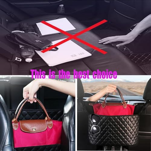 Car Net Pocket Handbag Holder，Purse Holder for Between Seats，Leather Seat Back Organizer Mesh Large Capacity Bag，Handbag Between The Two Seats