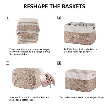 4 Pack Storage Baskets for Organizing, Woven Baskets for Shelves - Perfect for Toys, Books, Towels, and Clothes, Durable Gift Basket Bins Toy Storage, 12.7''Lx9''Wx7.8''H, Brown & White