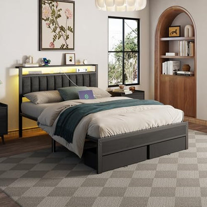 Queen Bed Frame with Storage Drawers and Upholstered Headboard