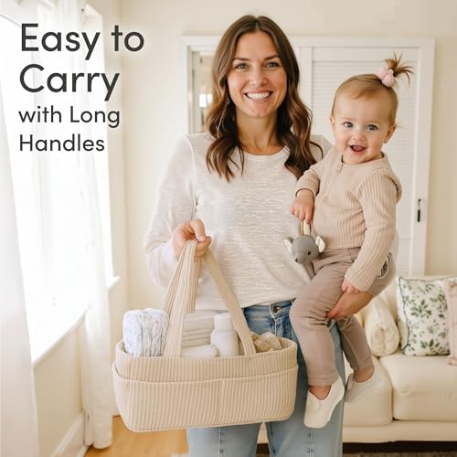 PUTSKA Baby Diaper Caddy Organizer, Nursery Basket, Cream Corduroy