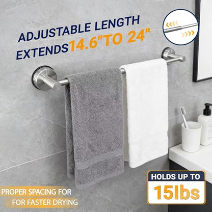 Suction Cup Towel Bar Towel Racks for Bathroom 14.6-24in Adjustable | No Drill Towel Rack, Stainless Steel Construction, Heavy Duty Wall Mounted (silver)