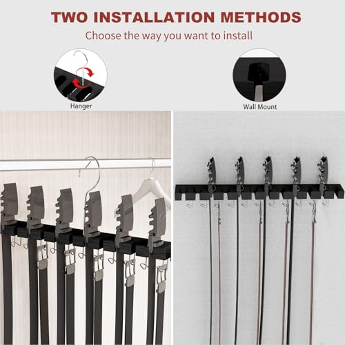 Belt Hanger for Closet Max 42 Belts, 12+11 Storage (Black) | 2-IN-1 Wall Mount Belt Organizer, 360°Rotating Hooks, Wooden Tie Rack for Closet Accessories Closet Organizer and Storage