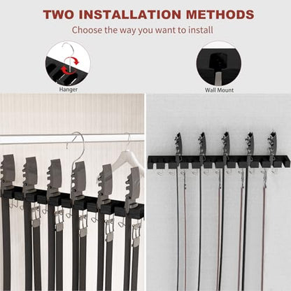 Belt Hanger for Closet Max 42 Belts, 12+11 Storage (Black) | 2-IN-1 Wall Mount Belt Organizer, 360°Rotating Hooks, Wooden Tie Rack for Closet Accessories Closet Organizer and Storage