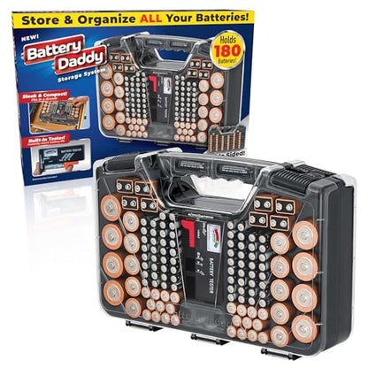 Battery Daddy Storage & Organizer Case w/Tester, Stores & Protects Up to 180 Batteries, Double-Sided, Clear Locking Lid, Secure Latches & Portable Carrying Handle - Charcoal (Batteries Not Included)