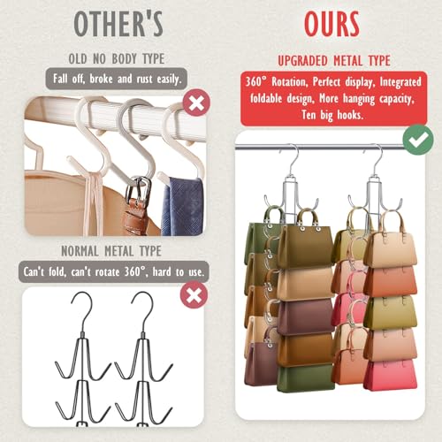 2 Pack Purse Organizer for Closet: Upgraded Purse Hanger with Large Hooks | 360 Degree Rotation for Organizer Display - Collapsible Space Saving Hangers Rack for Handbag Belt Scarve Tie - Silver