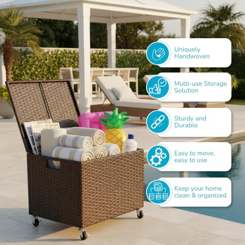 BIRDROCK HOME Rattan Rolling Storage Box with Lid and Wheels – Decorative Outdoor Deck Box for Patio, Balcony, Poolside – Woven File Organizer for Letter or Legal Files, Blankets or Towels (Espresso)