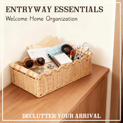 Upgraded Paper Rope Scalloped Edge Toilet Paper Storage Basket, Small Living Room, Bedroom Decor Baskets for Over Toilet Storage Shelf, End Table, Shelves and More, with 2 Wooden Handle (Neutral)
