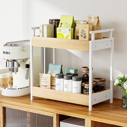 KLM Countertop Coffee Station Organizer, 2 Tier Wooden Shelf for Coffee Bar Accessories, Condiment Storage Caddy for Kitchen, Bathroom Counter Organizer, Home, Office - Natural