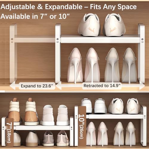 2-Pack Expandable Shoe Rack, Closet Organizer, 7" High, 15"-24" | Set of 2 1-Tier Metal Shelves; Adjustable Width Design; Compact Heavy-Duty Storage for Entryway, Bedroom & Small Spaces