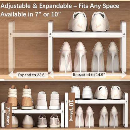 2-Pack Expandable Shoe Rack, Closet Organizer, 7" High, 15"-24" | Set of 2 1-Tier Metal Shelves; Adjustable Width Design; Compact Heavy-Duty Storage for Entryway, Bedroom & Small Spaces