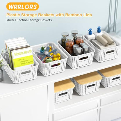 Plastic Storage Baskets with Bamboo Lids and Labels, Stackable Storage Containers, Storage Bins for Organizing Shelves Drawers Desktop Closets Office, 6 Packs-White