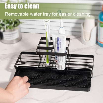 Toothbrush Holders Toothpaste Organizer Bathroom Accessories, Matte Black | Carbon Steel, 5 Slots, Removable Drip Tray, Easy to Clean, Electric Toothbrush Storage, for Countertop, Shower, Sink