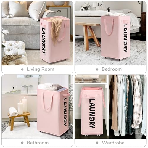 CHICVITA 75L Rolling Laundry Basket with Wheels Removable wash bag, Pink | Laundry hamper for dirty clothes dorm essentials. Pink room Decor for girls kids fit living room nursery room college dorm