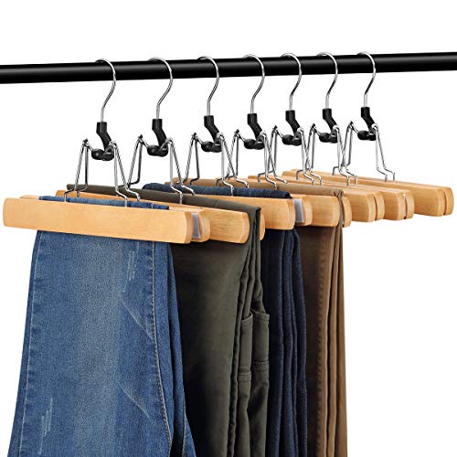 12 Pack Natural Wooden Pants Hangers with Clips Non Slip Skirt Hangers Trouser Clamp Hanger Solid Wood Hanger with 360° Swivel Hook