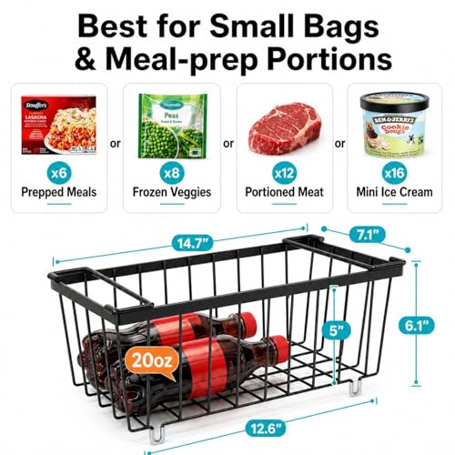 Freezer Organizer Bins - Small Storage Baskets for 7 Cu.Ft, 4 Pack | Easy Access Handles, Stackable Deep Freezer Wire Baskets, Vertical Space Sorts for Frozen Meat, Vegetable and Bagged Items