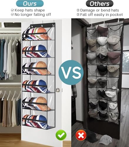 Clear Over The Door Hat Racks for Baseball Caps, Large Holds up to 72 Caps Hat Storage Organizer for Closet Wall, Deep Pockets Hanging Hat Holder with 3 Hooks, Black