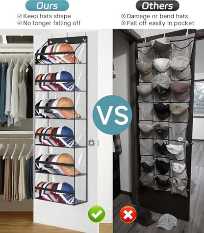 Clear Over The Door Hat Racks for Baseball Caps, Large Holds up to 72 Caps Hat Storage Organizer for Closet Wall, Deep Pockets Hanging Hat Holder with 3 Hooks, Black