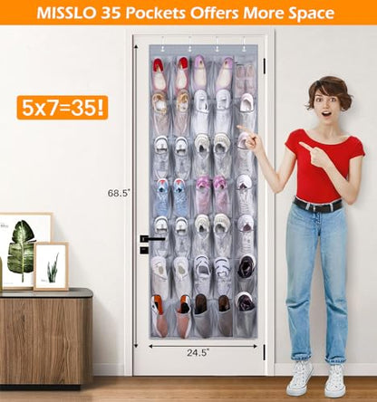MISSLO 35 Large Pockets Over The Door Shoe Organizer Sturdy Oxford Fabric Hanging Shoe Rack for Door Mesh Closet Shoe Holder Hanger, Grey