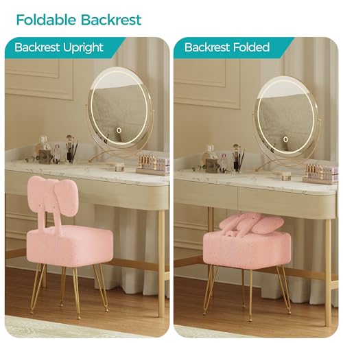 Small Vanity Stool Chair with Storage and Foldable Back, Pink