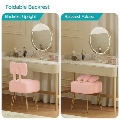 Small Vanity Stool Chair with Storage and Foldable Back, Pink