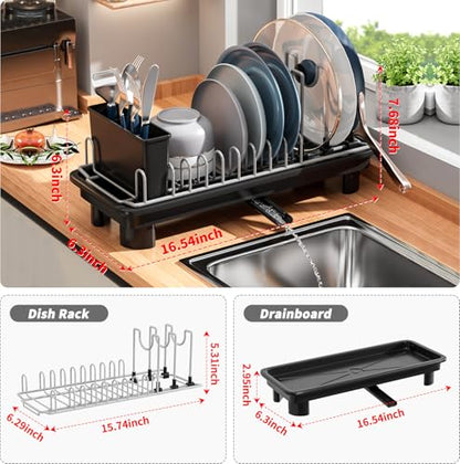 Small Dish Drying Rack, Stainless Steel with Drain Board & Utensil Holder | Anti-Scratch Base, Space Saving Design for Kitchen Counter, Black