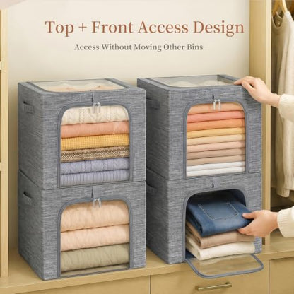 GoMaihe Clothes Storage Bins with Metal Frame for Closet, 40L 6-Pack Grey | Sweaters Hoodies Jeans T-Shirt, Closet Top Shelf Organizer, Steel Frame Collapse-Proof, Stackable, Clear Window, Dual Access