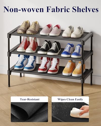 Kitsure Shoe Rack - Non-Woven Shoe Rack Shelf, 27.5" Wide - 3 Tier, Black | Shoe Organizer for Closet, Entryway, Garage, Stackable Shoe Shelves, college dorm&apartment essentials