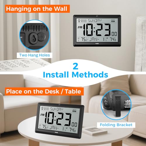 Atomic Wall Clock with Indoor Outdoor Temp, Digital Clocks (Black) | 10.5 inch Clocks Battery Operated DST Atomic Clock Wall for Living Room Bedroom Temperature Humidity Weather Station Clock