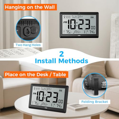 Atomic Wall Clock with Indoor Outdoor Temp, Digital Clocks (Black) | 10.5 inch Clocks Battery Operated DST Atomic Clock Wall for Living Room Bedroom Temperature Humidity Weather Station Clock