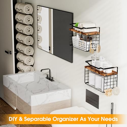 Towel Racks for Bathroom,Towel Rack Wall Mounted, 6 Tier Rolled Or Folded Towel Holder with Floating Shelves, Bathroom Towel Holder for Bath, Hand Towels,Metal and Wood